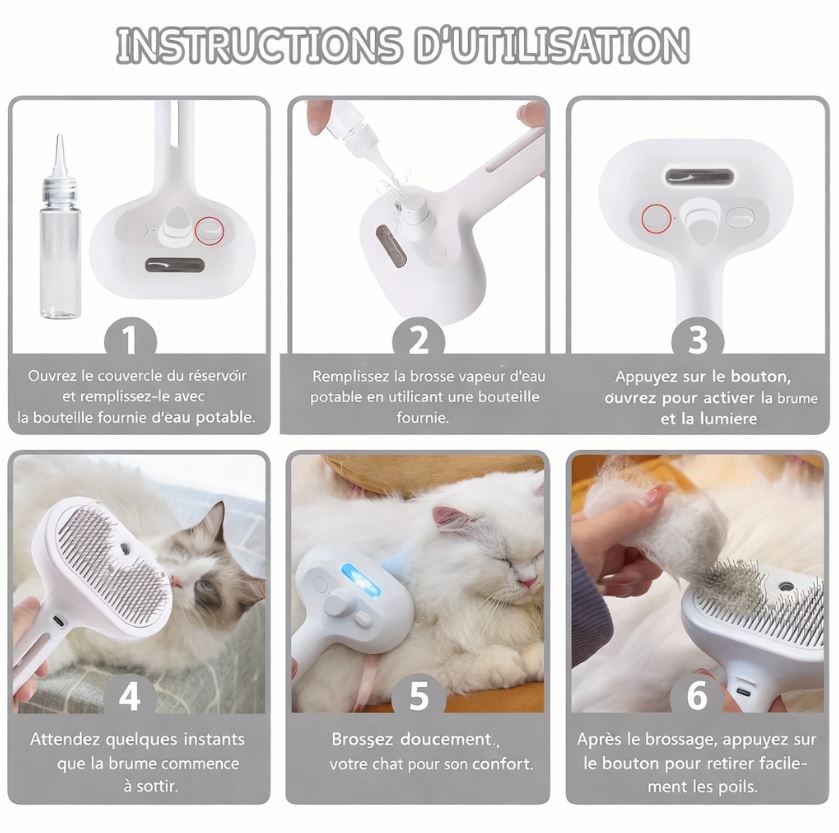 Brosse Vapeur Anti-Poils pour Chats et Chiens